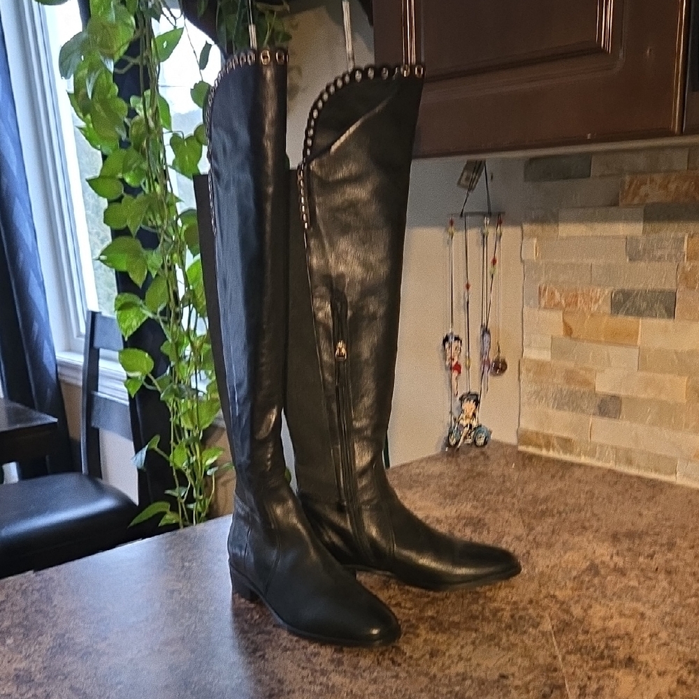 Black Studded Knee-High Boots